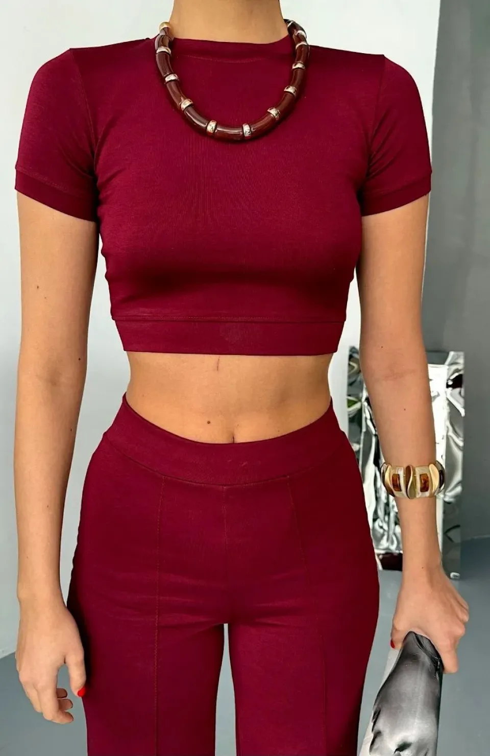 Osy Modal Yumuşak Dokulu Kumaş Kısa Kollu Crop Alt ispanyol Paça Pantalon ikili Takım - Bordo