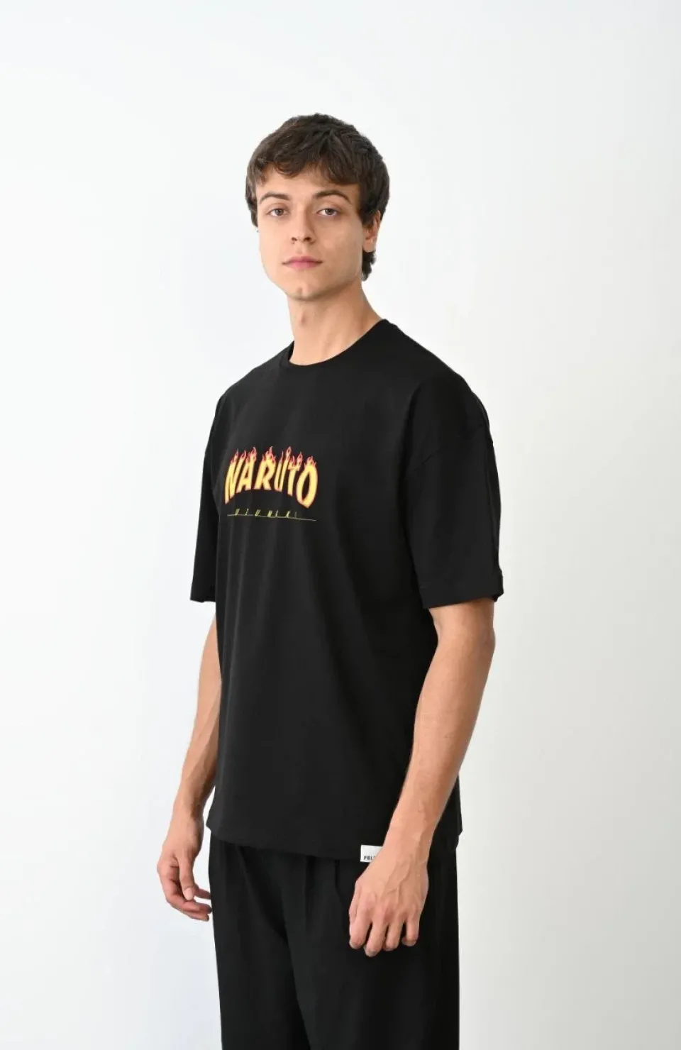 Unisex Bisiklet Yaka Baskılı Oversize T-Shirt - Siyah