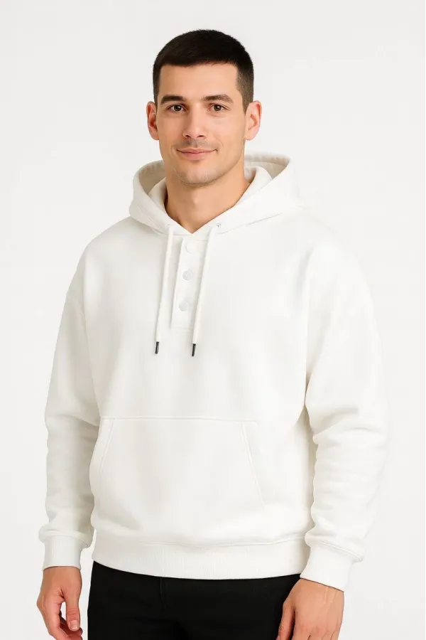 Erkek Ovarsize Kapüşonlu Swetshirt Kanguru Çepli Cıtcıtlı 3 iplik Şardonlu Hoodie - Beyaz