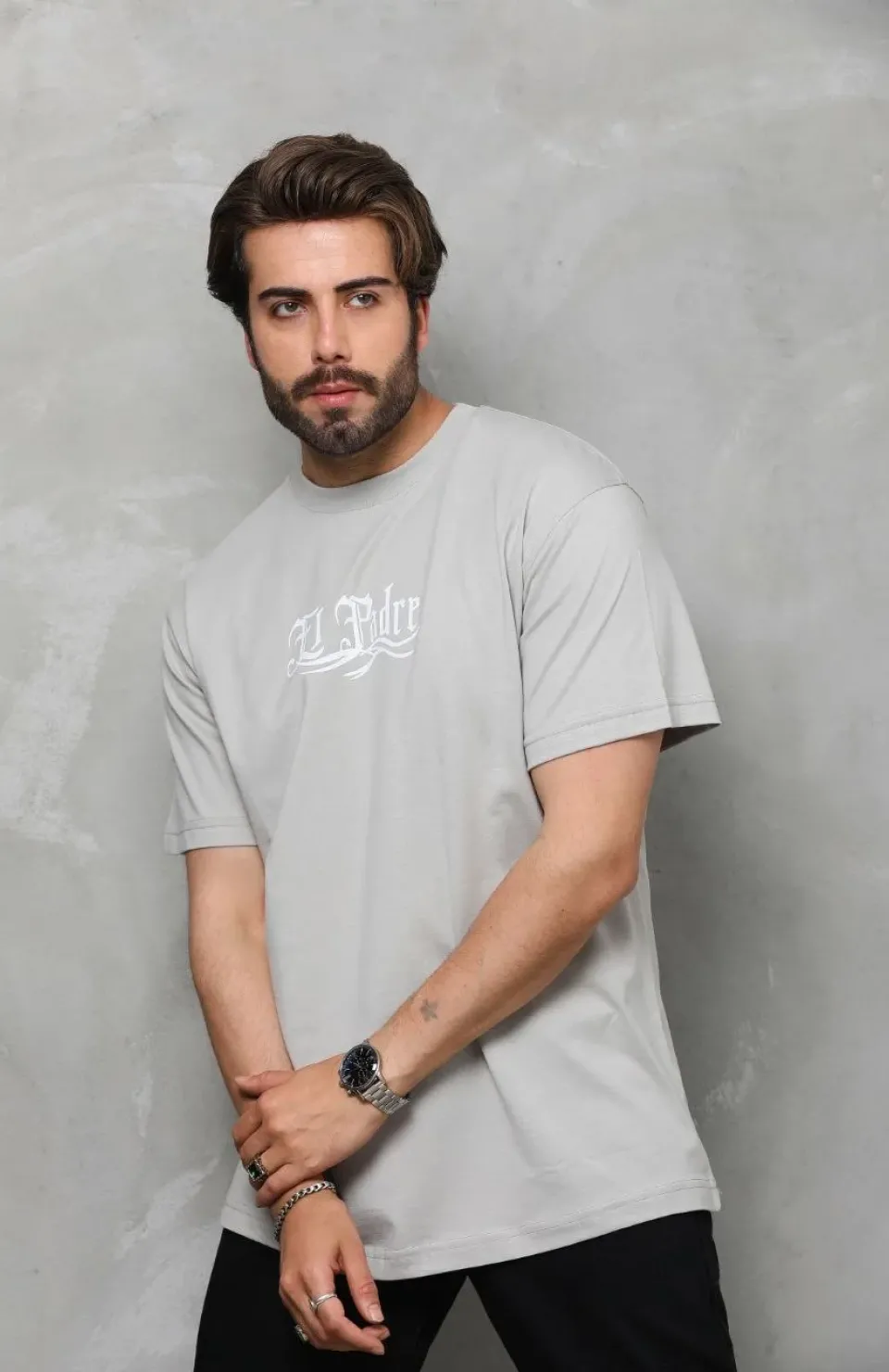 Unisex Bisiklet Yaka Baskılı Oversize T-Shirt - Gri