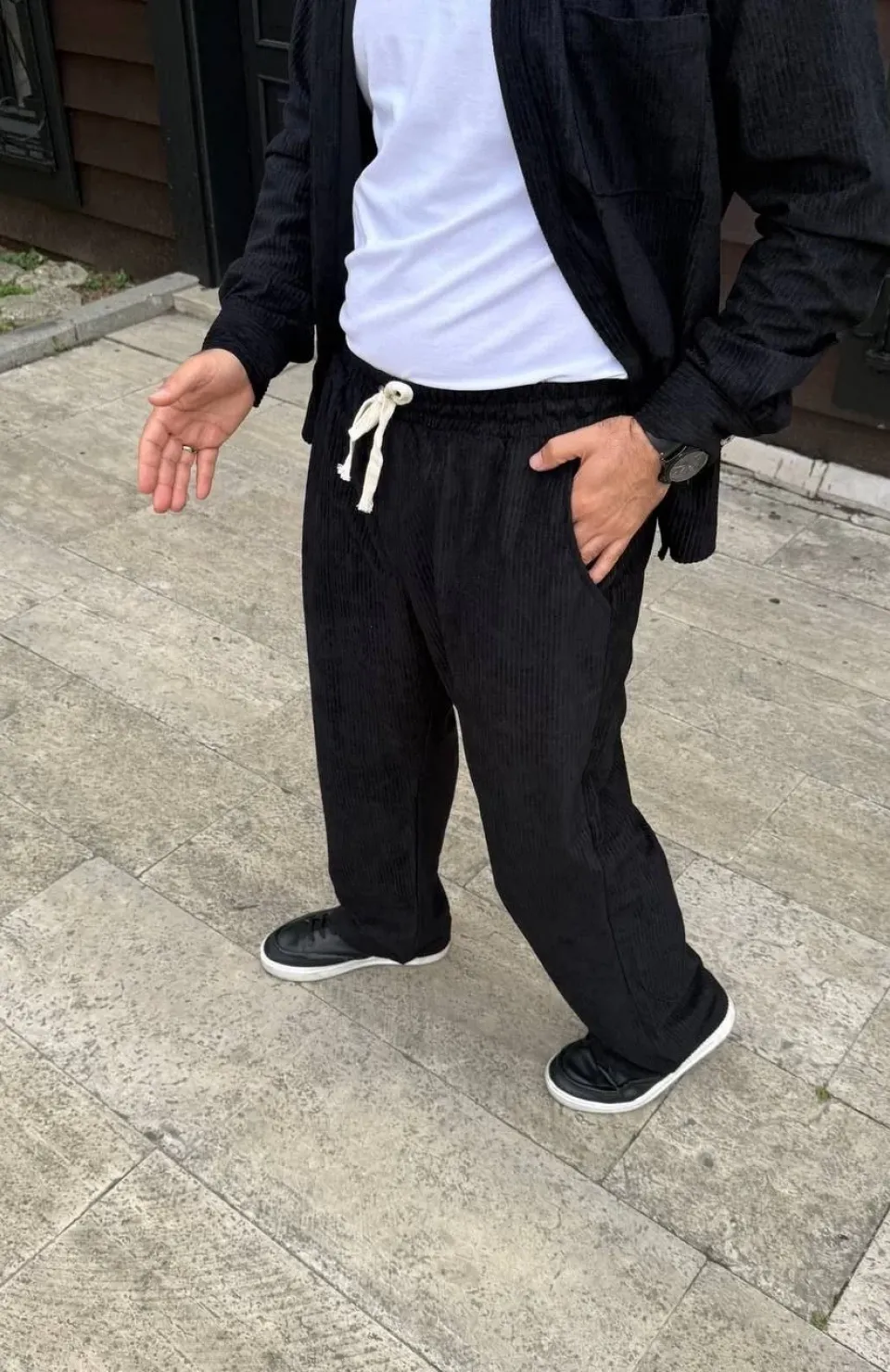 Erkek Fitilli Kadife Cepli Buggy Pantolon Oversize Rahat Kalıp - Siyah