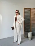 Keten Ceket Pantolon İlik Düğmeli Uzun Kollu Yırtmaçlı ikili Takım - Beyaz