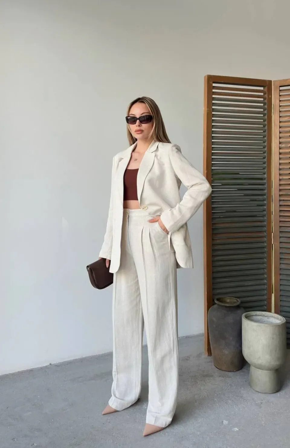 Keten Ceket Pantolon İlik Düğmeli Uzun Kollu Yırtmaçlı ikili Takım - Beyaz