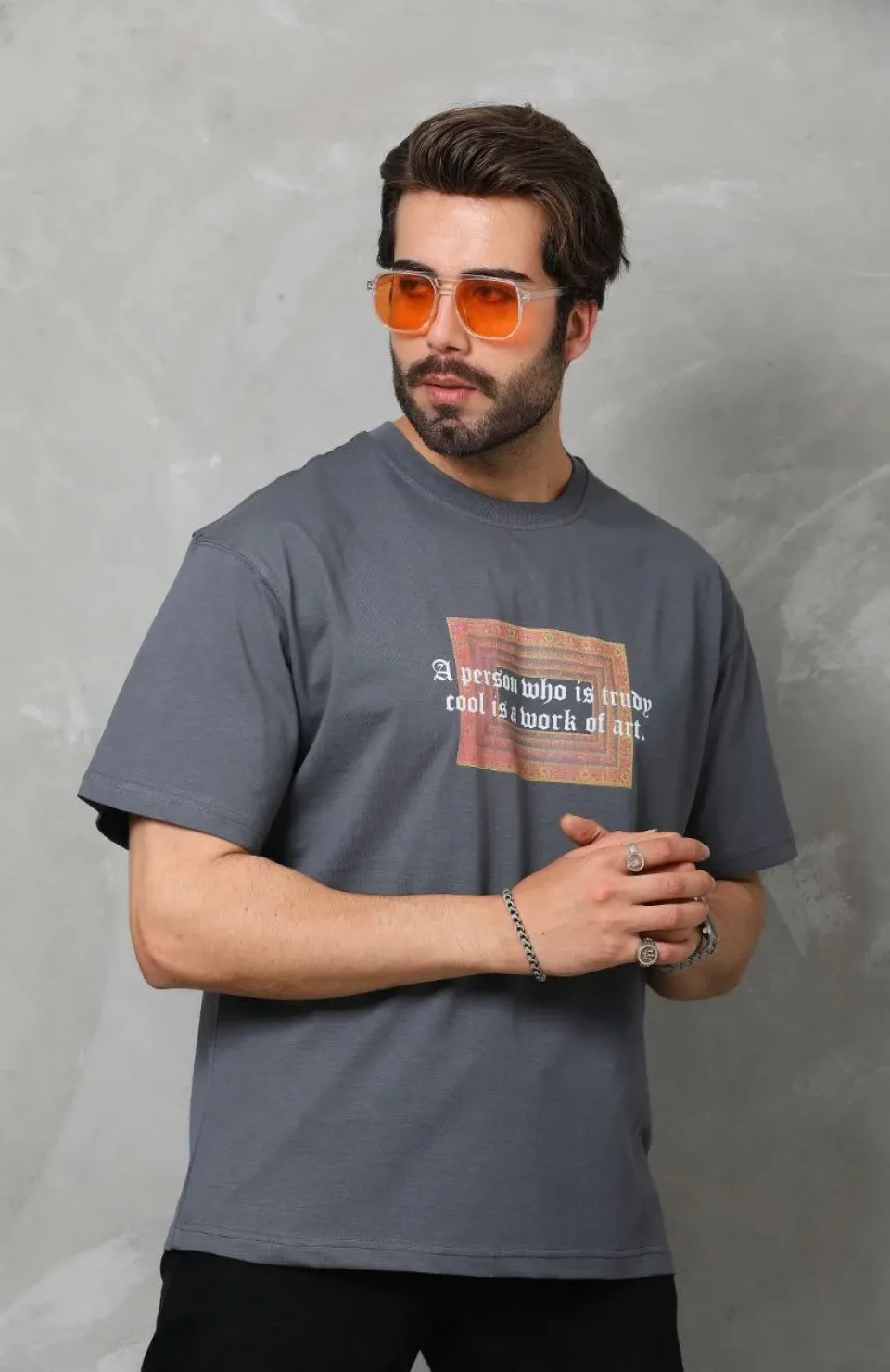 Unisex Bisiklet Yaka Baskılı Oversize T-Shirt - Füme