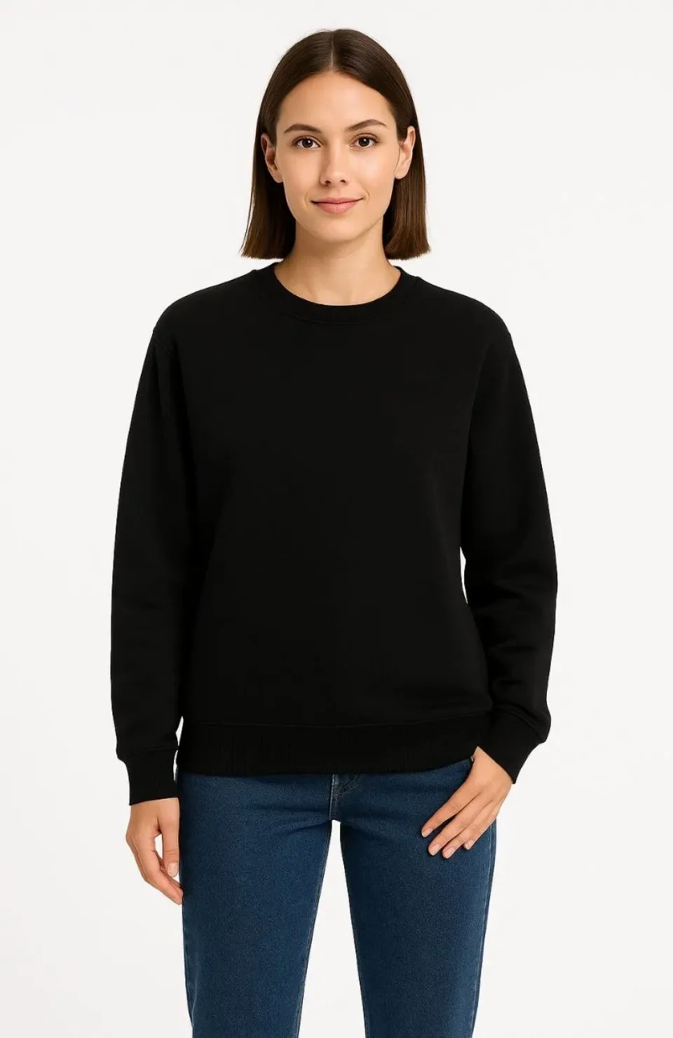 Kadın Üç İplik Düz Bisiklet Yaka SweatShirt - Siyah