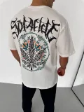 Unisex Bisiklet Yaka Baskılı Oversize T-Shirt - Beyaz