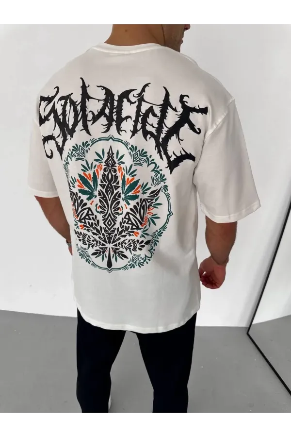 Unisex Bisiklet Yaka Baskılı Oversize T-Shirt - Beyaz