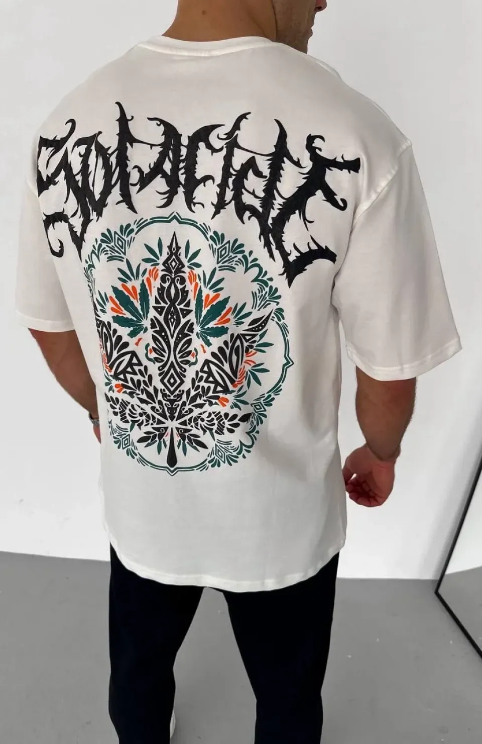 Unisex Bisiklet Yaka Baskılı Oversize T-Shirt - Beyaz