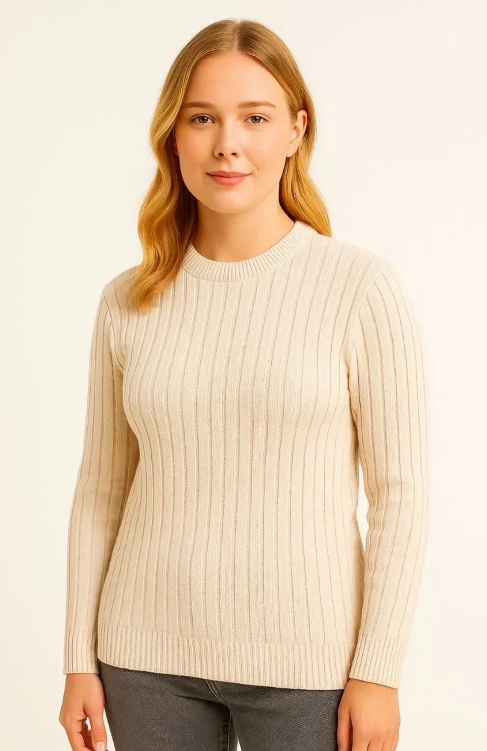 Kadın Bisiklet Yuvarlak Yaka Triko Kazak Pamuklu Kalın Fitilli Dokuma, Regular Fit Uzun Kollu Kışlık Model - Bej