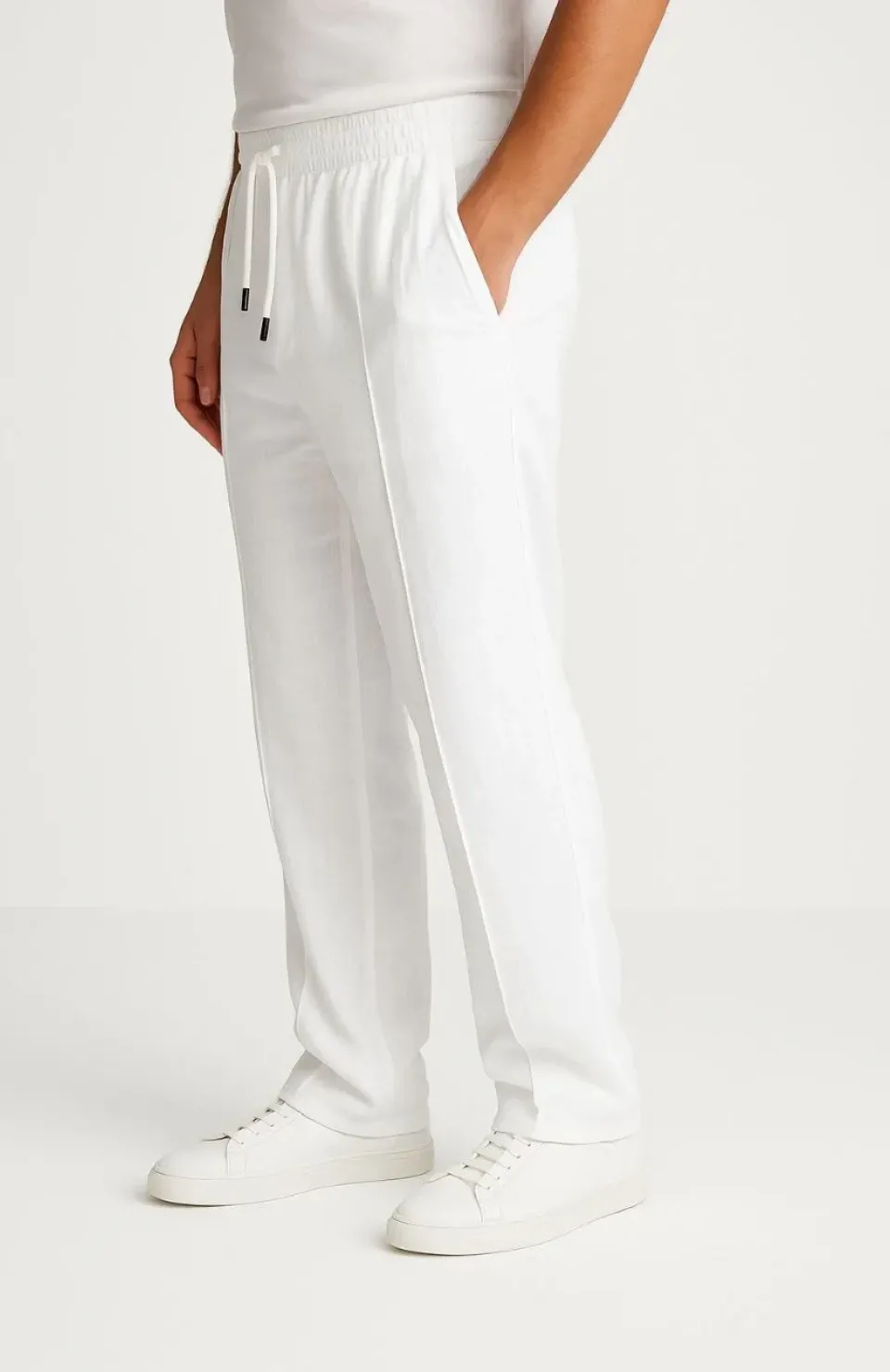 Erkek Keten Pantolon – Cepli, Beli Lastikli ve Bağcıklı, Nefes Alan Rahat Kalıp, Yazlık ve Baharlık Günlük Giyim, Şık & Konforlu Boru Paça Model - Beyaz