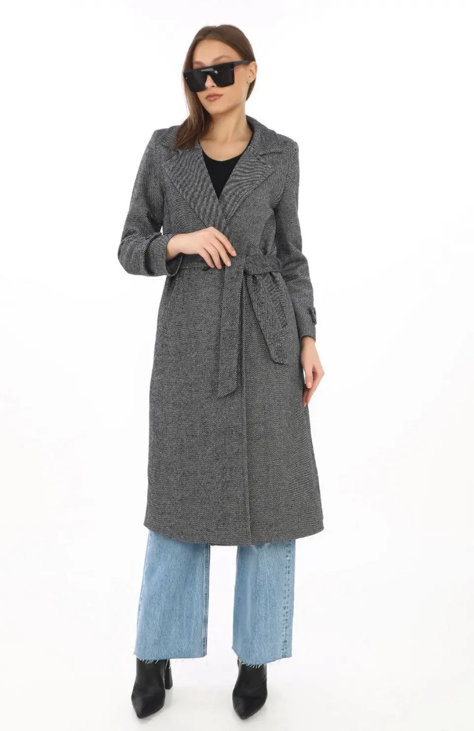 Kadın Astarlı Balık Sırtı Kaşmir Kaşe Kaban - Füme Somersan Giyim | Kadın, Erkek ve Çocuk Moda