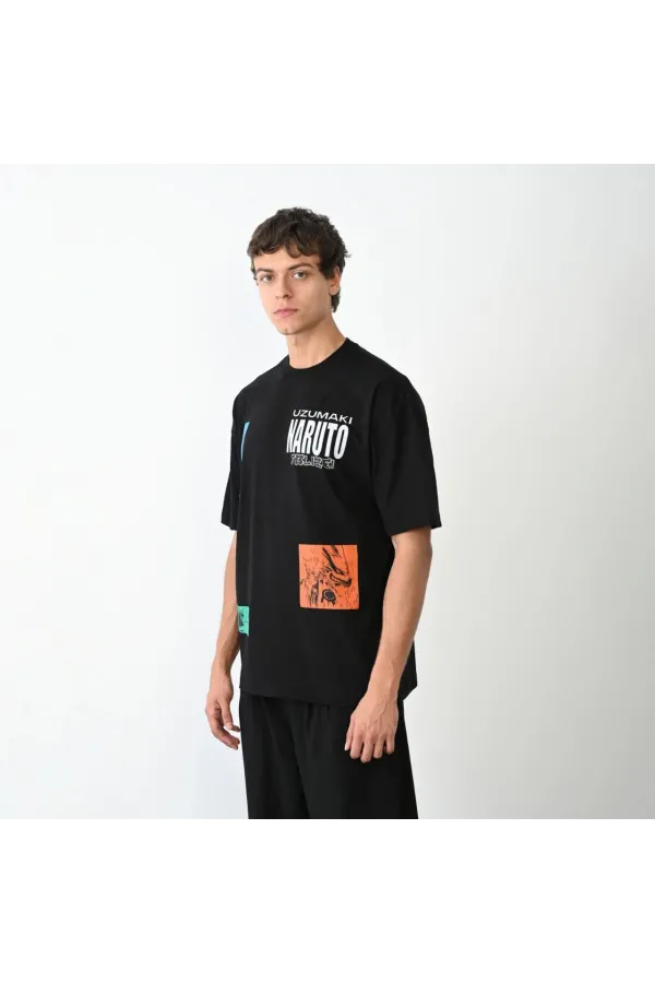 Unisex Bisiklet Yaka Baskılı Oversize T-Shirt - Siyah