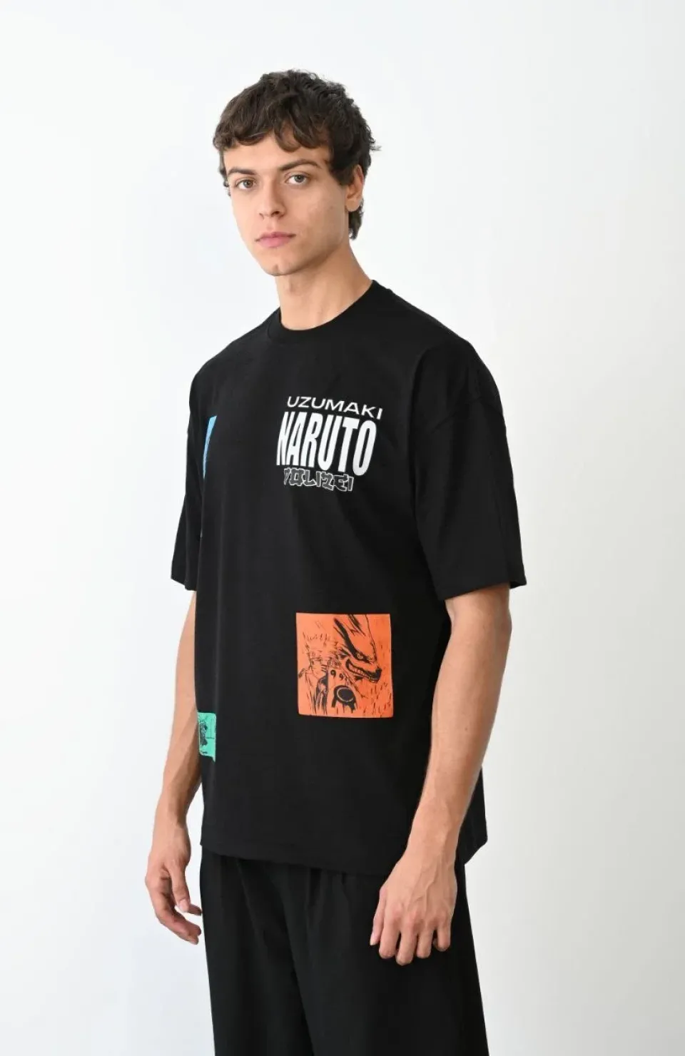 Unisex Bisiklet Yaka Baskılı Oversize T-Shirt - Siyah