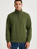 Erkek Dik Yaka Sweatshirt Dik Yaka Yarım Fermuarlı 3 İplik Şardonlu Pamuk Kumaş - Haki