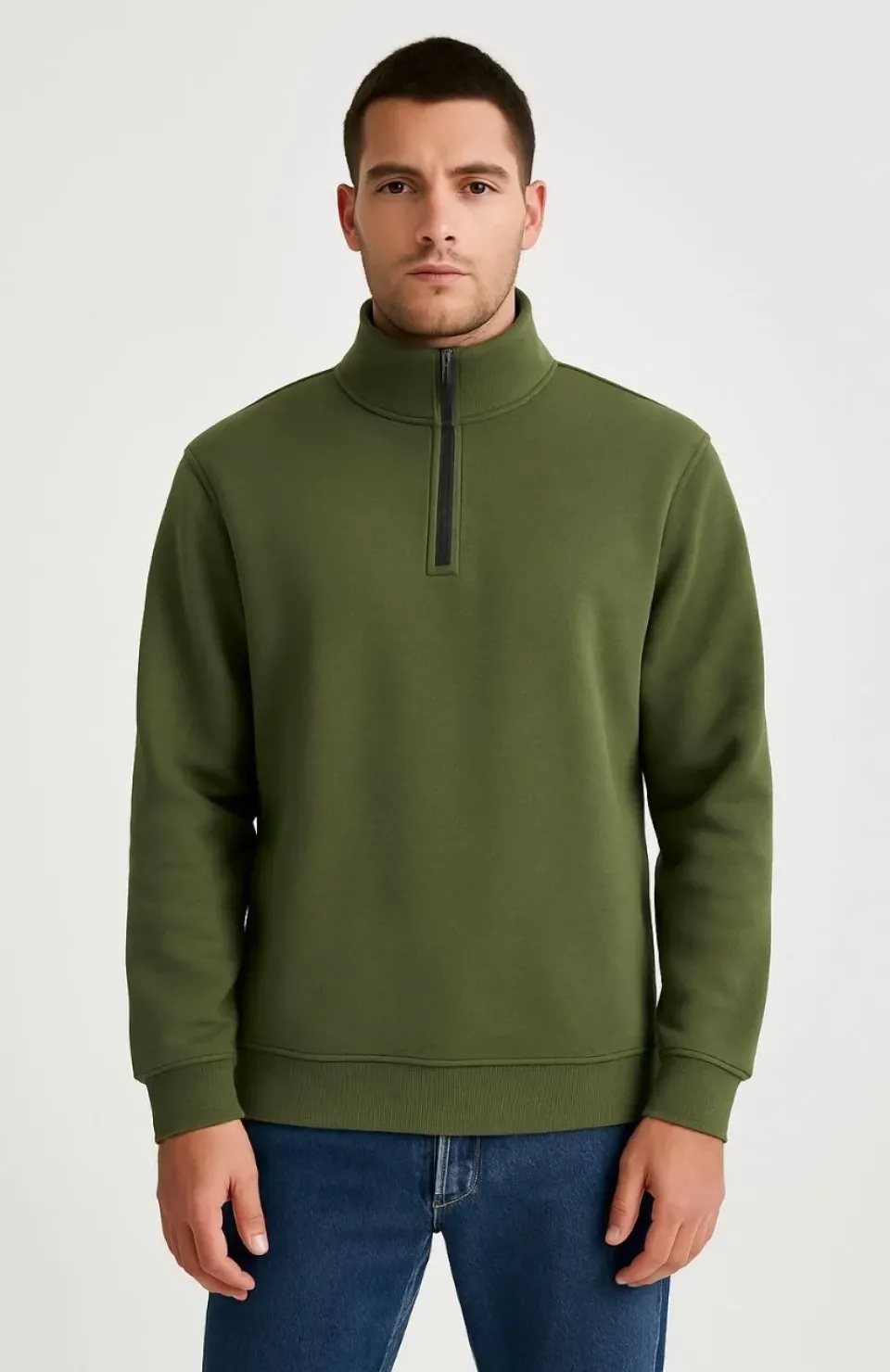 Erkek Dik Yaka Sweatshirt Dik Yaka Yarım Fermuarlı 3 İplik Şardonlu Pamuk Kumaş - Haki