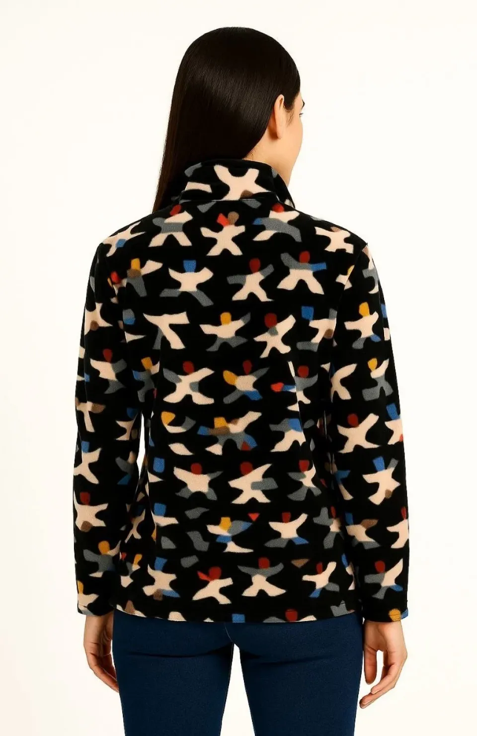 Kadın Tam Fermuarlı Desenli Polar Sweat – Siyah Multicolor Figür Desen Yakalı, Uzun Kollu, Oversize Rahat Kalıp - Siyah