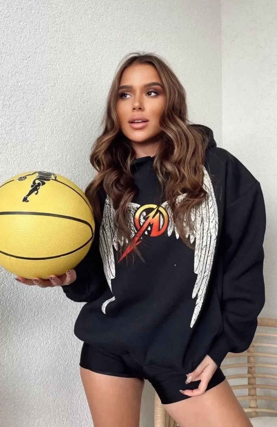 Kadın Baskılı Kapüşonlu Sweat - Siyah