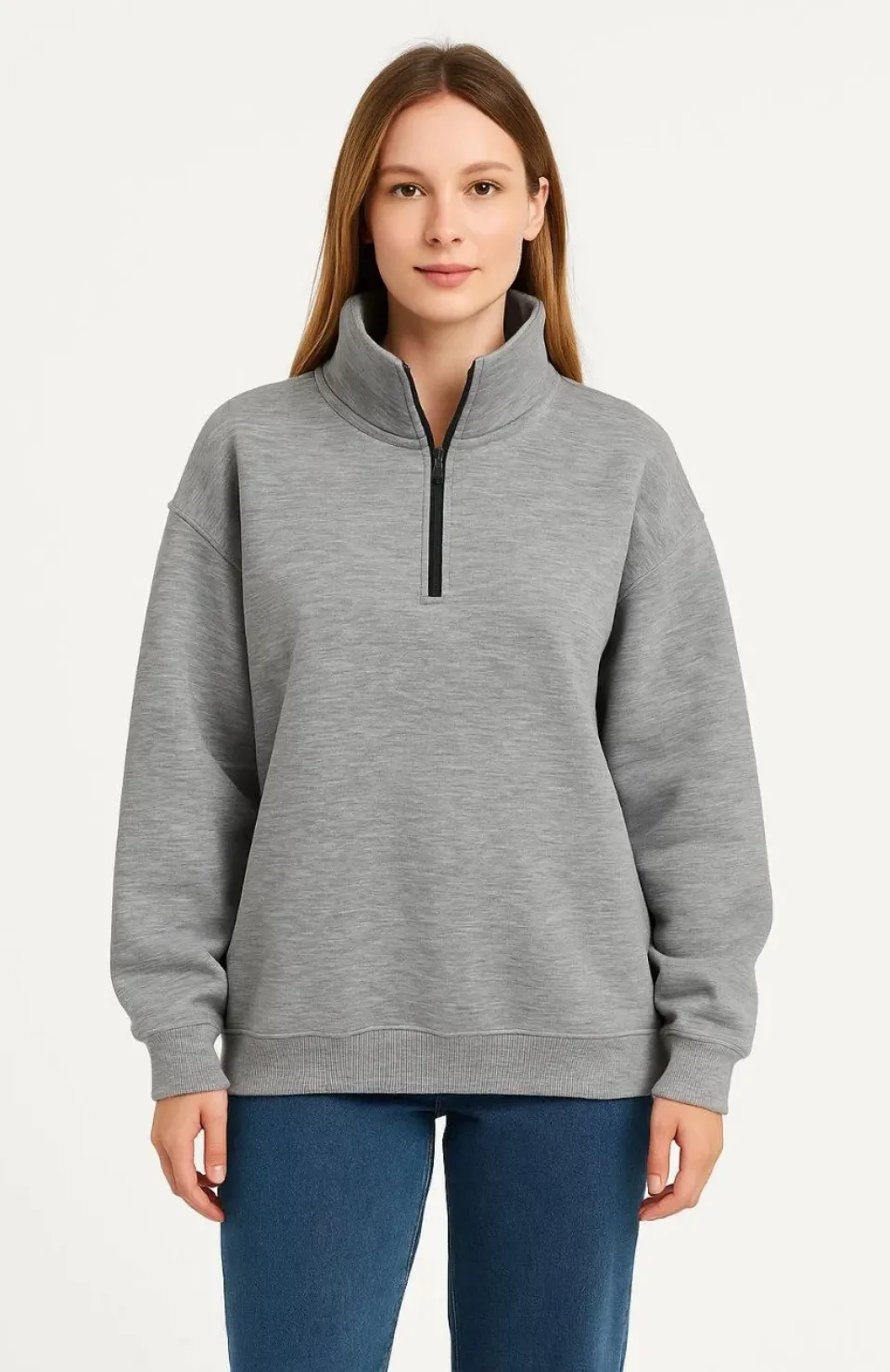 Kadın Üç İplik Dık Yaka Yarım Fermuarlı SweatShirt - Gri