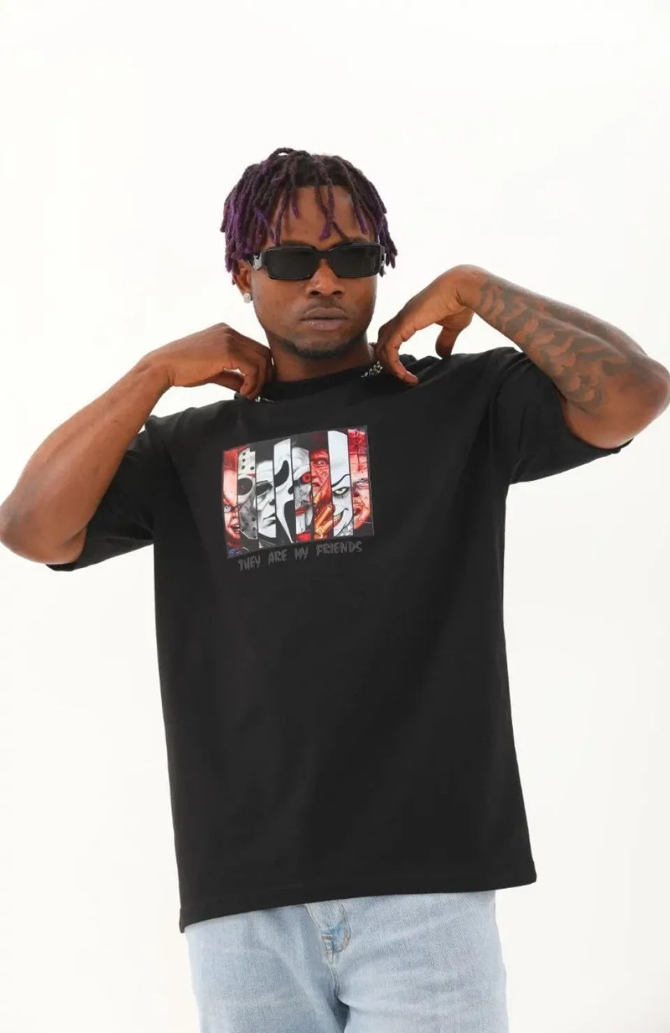 Unisex Oversize Baskılı Bisiklet Yaka T-Shirt - Siyah