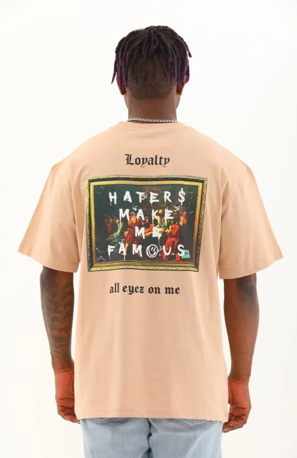 Unisex Oversize Baskılı Bisiklet Yaka T-Shirt - Bej