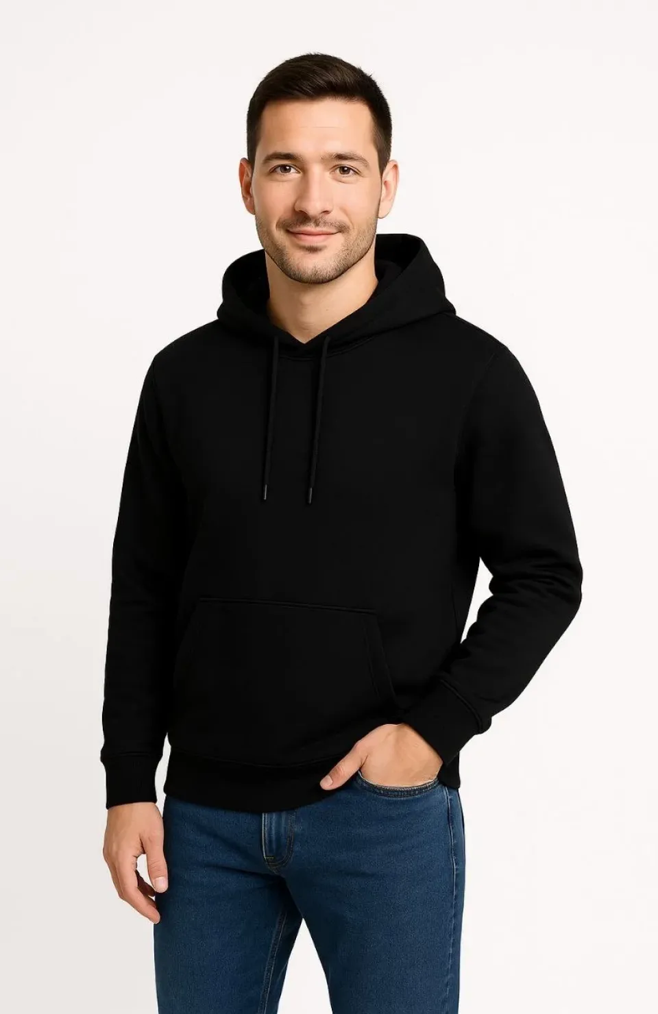 Erkek Üç İplik Kapüşonlu Kanguru Cepli SweatShirt hoodie - Siyah