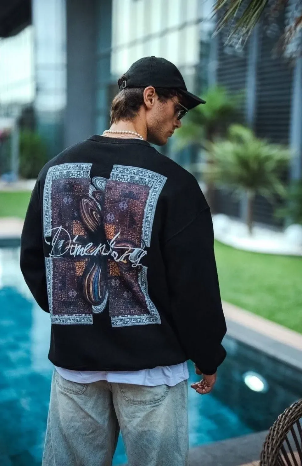 Uzun Kol Bisiklet Yaka Ön ve Arka Baskılı SweatShirt - Siyah