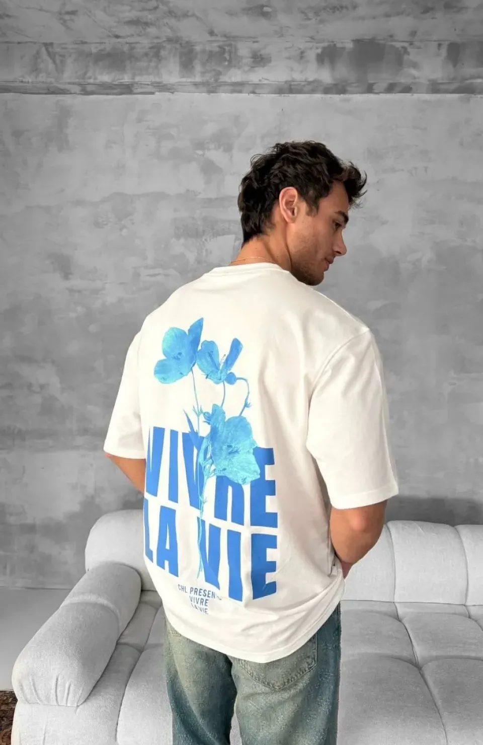 Ön ve Arka Baskılı Oversize Bisiklet Yaka T-shirt- Beyaz