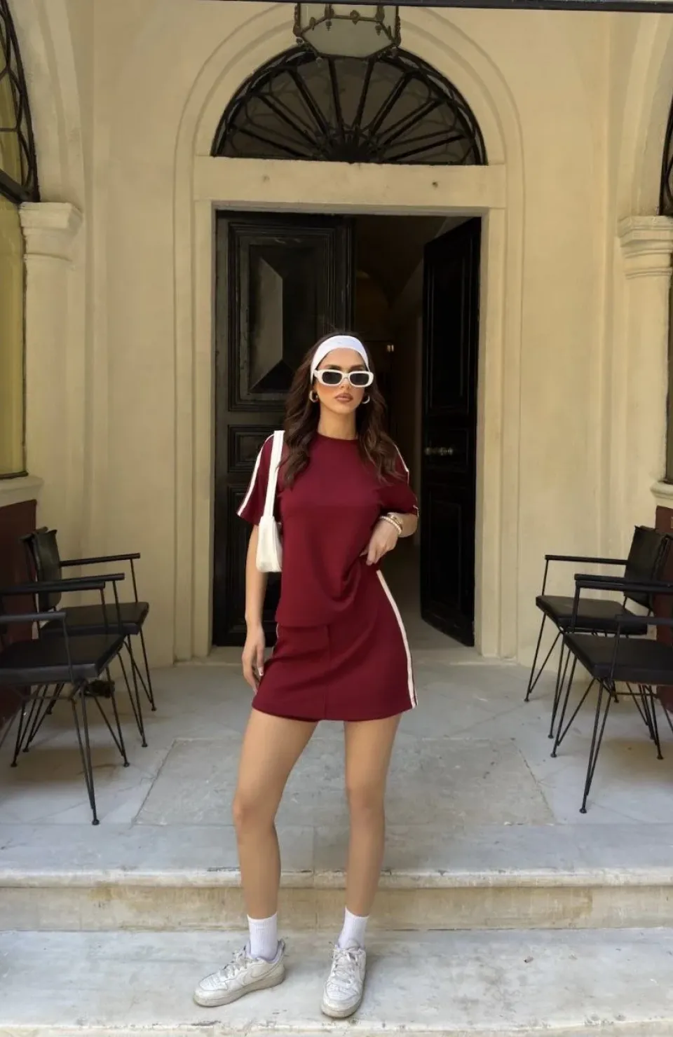 Osy Modal yumuşak dokulu Kumaş Kadın Parçalı Bisiklet Yaka T-shirt Mini Şortlu Etek İkili Takım -Bordo