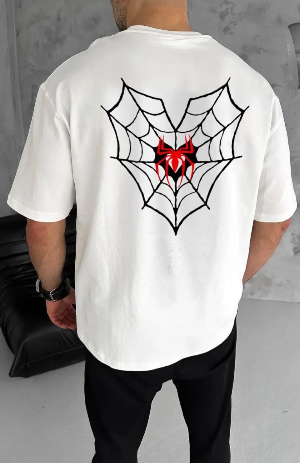 Unisex Bisiklet Yaka Baskılı Oversize T-Shirt - Beyaz