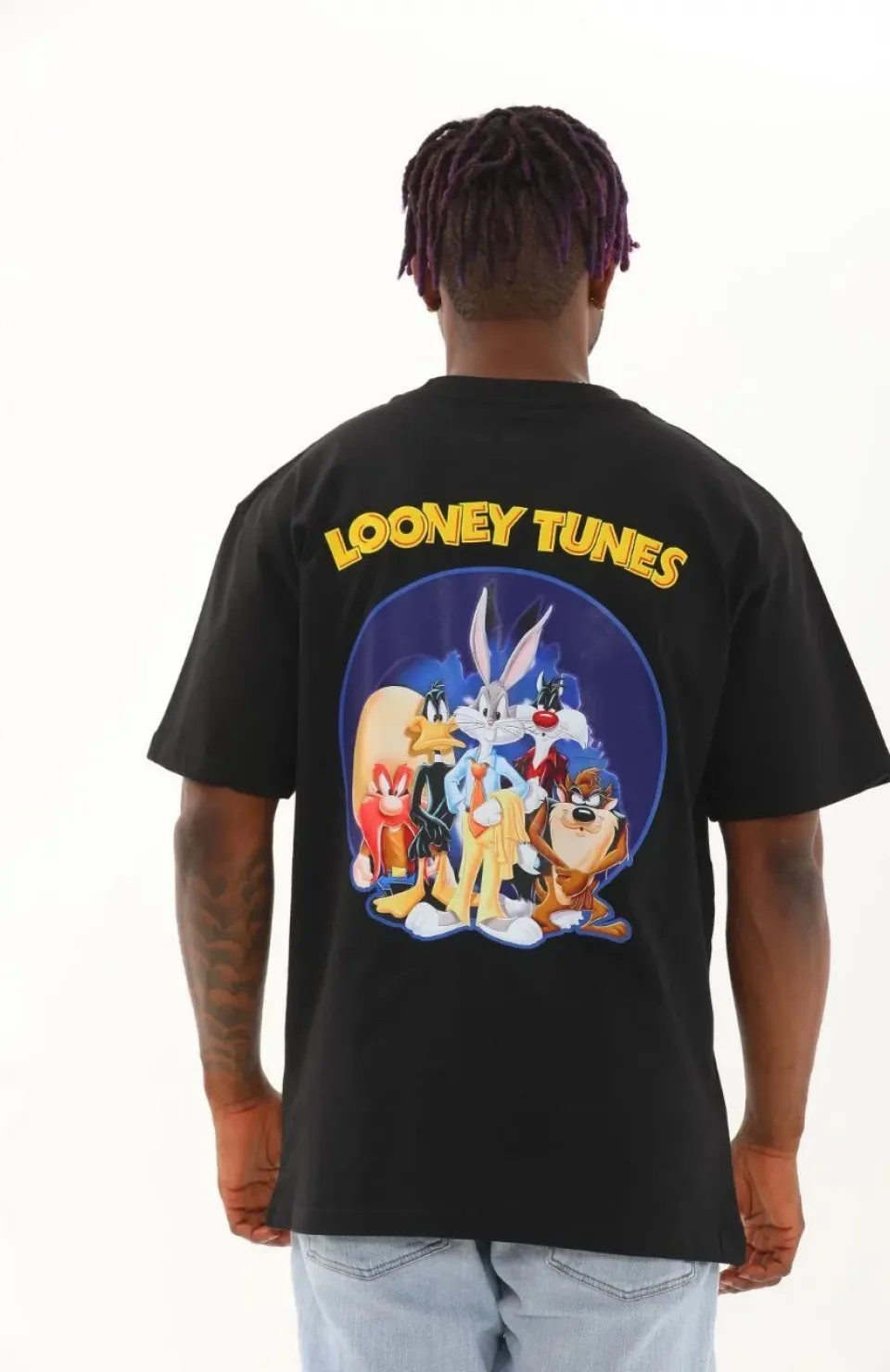 Unisex Oversize Baskılı Bisiklet Yaka T-Shirt - Siyah