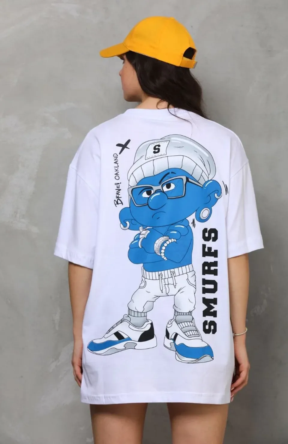 Unisex Bisiklet Yaka Baskılı Oversize T-Shirt - Beyaz