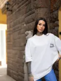 Unisex Bisiklet Yaka Baskılı Oversize T-Shirt - Beyaz