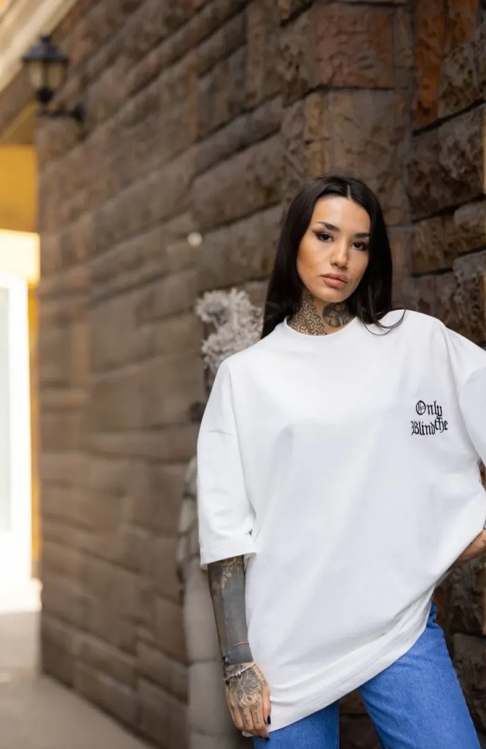 Unisex Bisiklet Yaka Baskılı Oversize T-Shirt - Beyaz