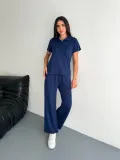 Osy Modal Yumuşak Dokulu Kumaş Kısa Kollu Yakalı T-shirt Pantalon ikili Takım- Lacivert