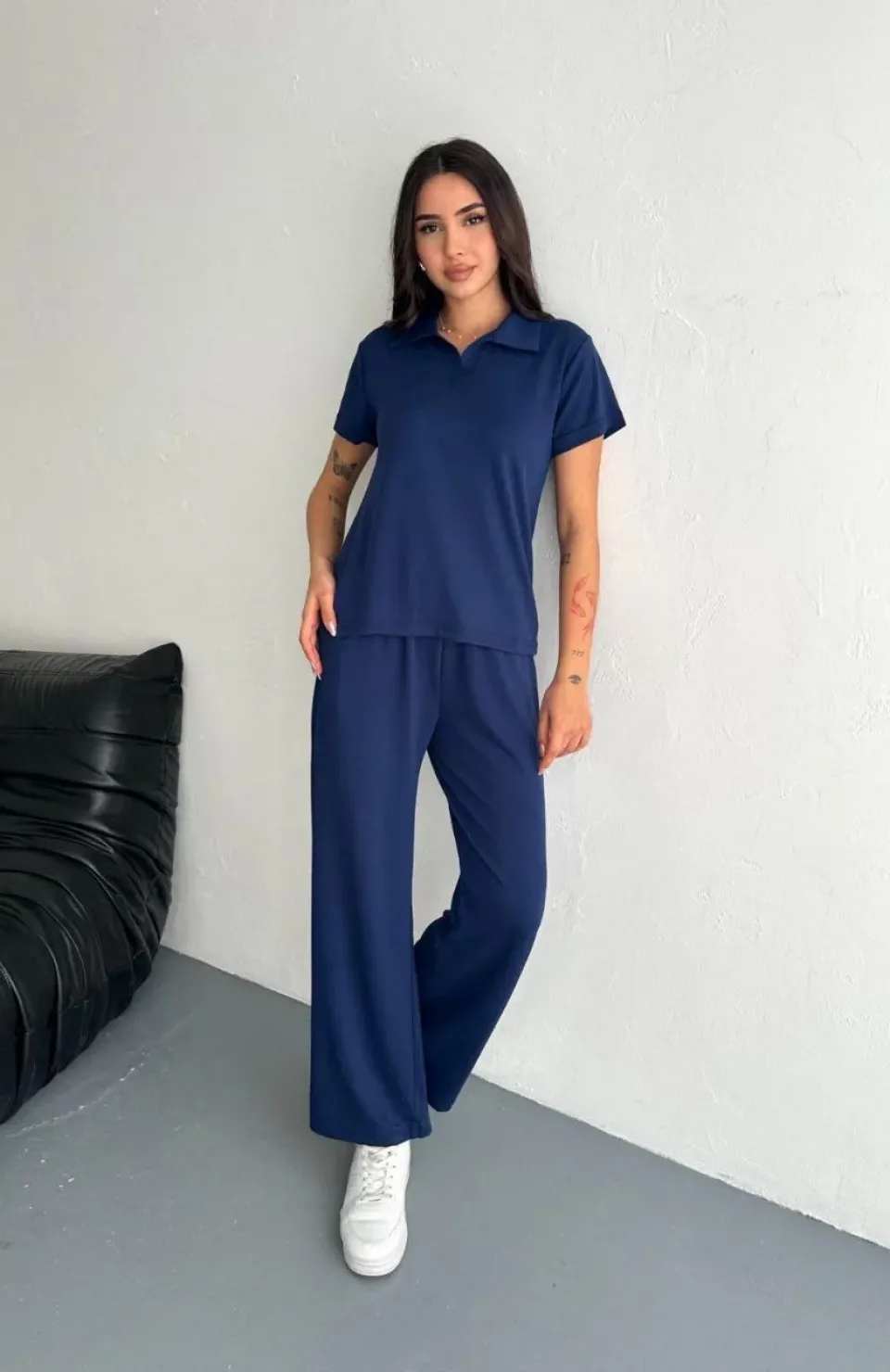 Osy Modal Yumuşak Dokulu Kumaş Kısa Kollu Yakalı T-shirt Pantalon ikili Takım- Lacivert