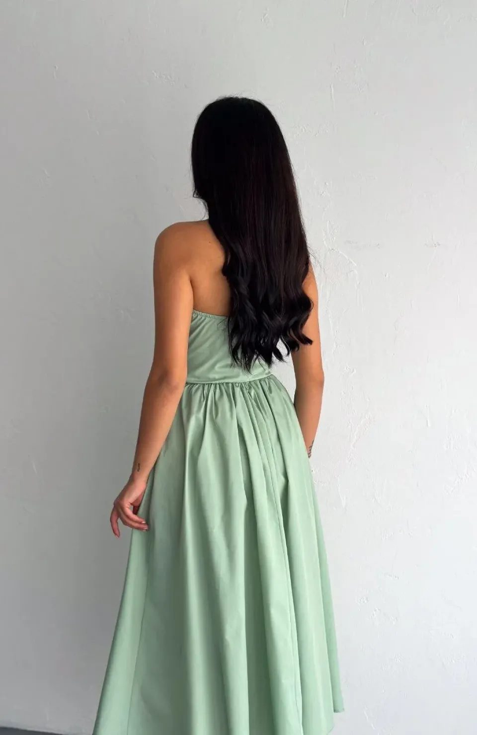 Straplez Pileli Elbise - Su Yeşili