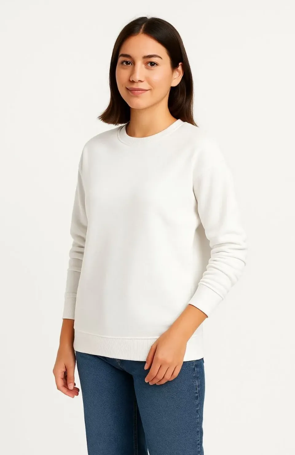 Kadın Üç İplik Düz Bisiklet Yaka SweatShirt - Beyaz