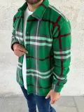 Erkek Ekose Desenli Düğmeli Polar Yakalı Uzun Kollu Gömlek Oversize Rahat Kalıp - Yeşil