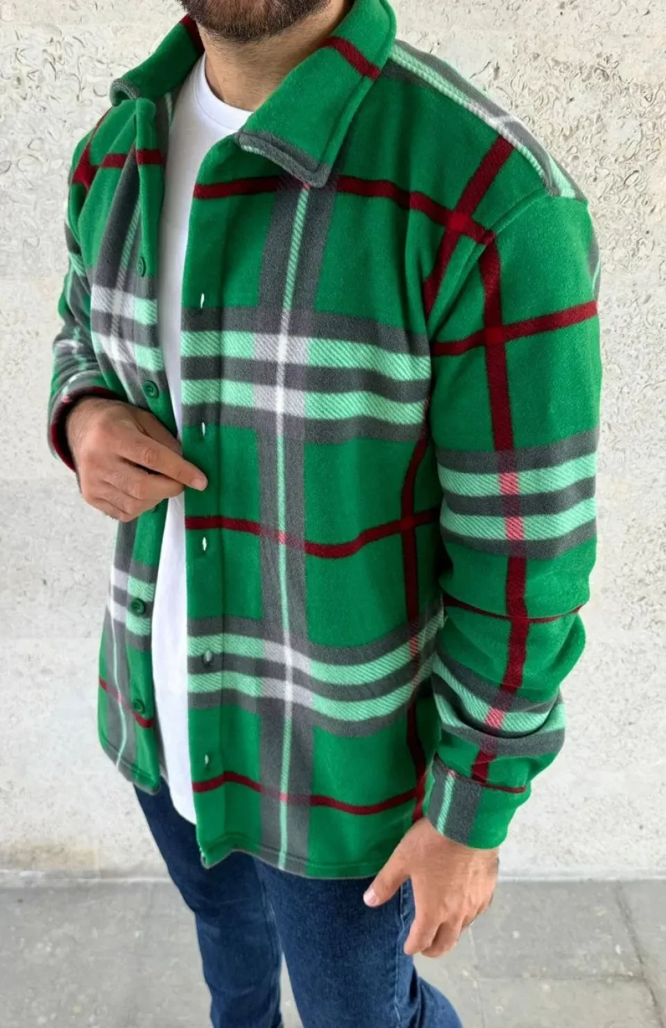 Erkek Ekose Desenli Düğmeli Polar Yakalı Uzun Kollu Gömlek Oversize Rahat Kalıp - Yeşil