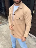 Erkek Diagonal Kumaş Cepli Çıtçıtlı uzun Kollu, Gömlek Oversize Rahat Kalıp Günlük Şık Stil - Bej