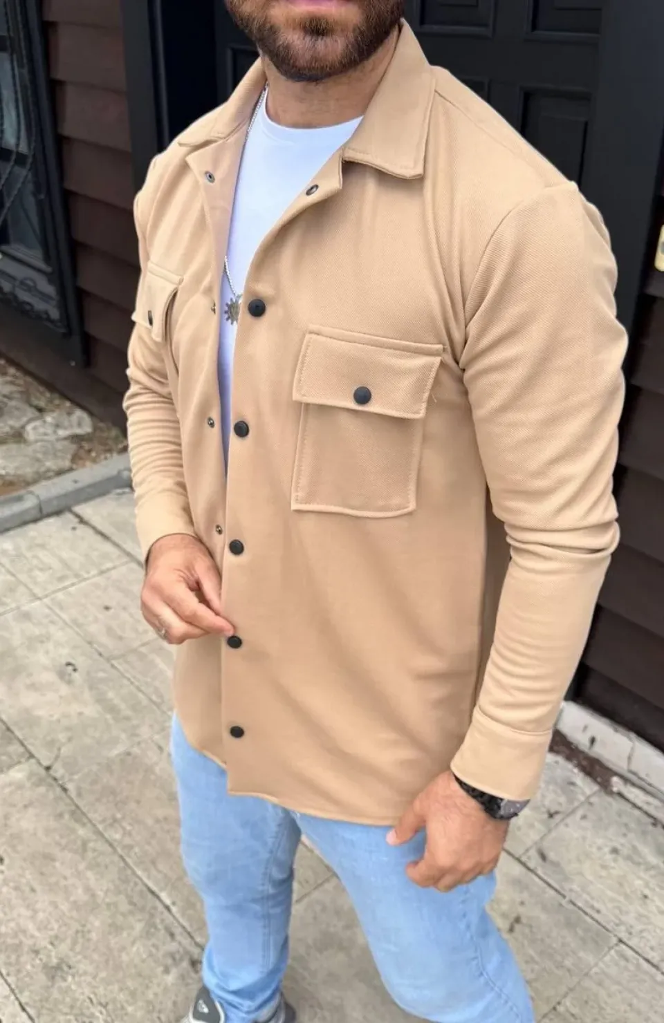 Erkek Diagonal Kumaş Cepli Çıtçıtlı uzun Kollu, Gömlek Oversize Rahat Kalıp Günlük Şık Stil - Bej