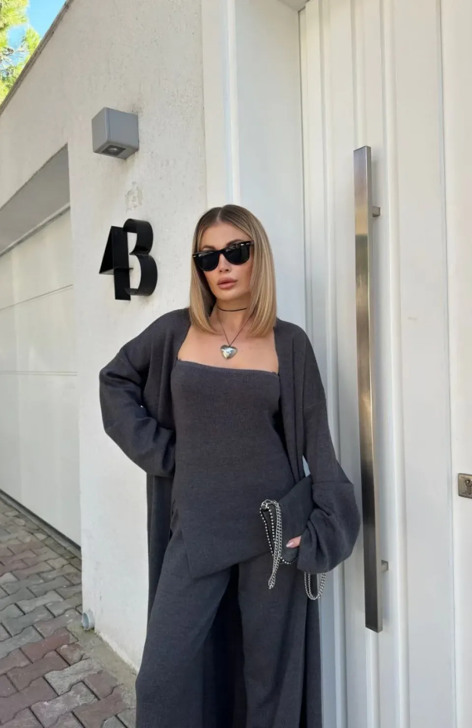 Kadın Triko Üçlü Takım - Füme