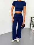 Osy Modal Yumuşak Dokulu Kumaş Kısa Kollu Crop Alt ispanyol Paça Pantalon ikili Takım - Lacivert