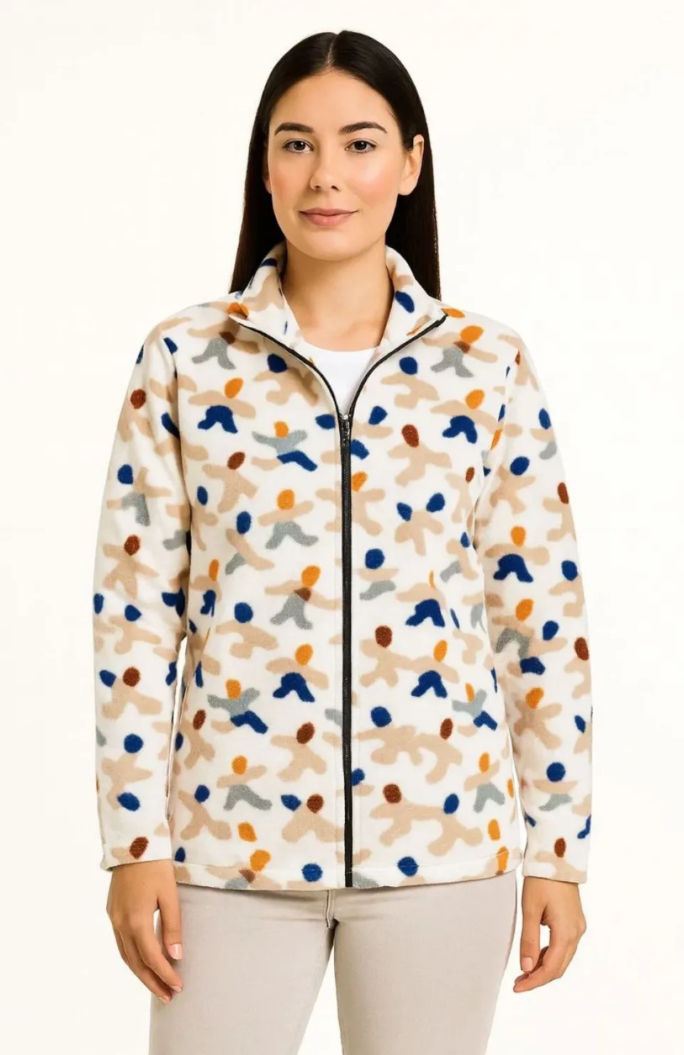 Kadın Tam Fermuarlı Desenli Polar Sweat – Siyah Multicolor Figür Desen Yakalı, Uzun Kollu, Oversize Rahat Kalıp - Beyaz