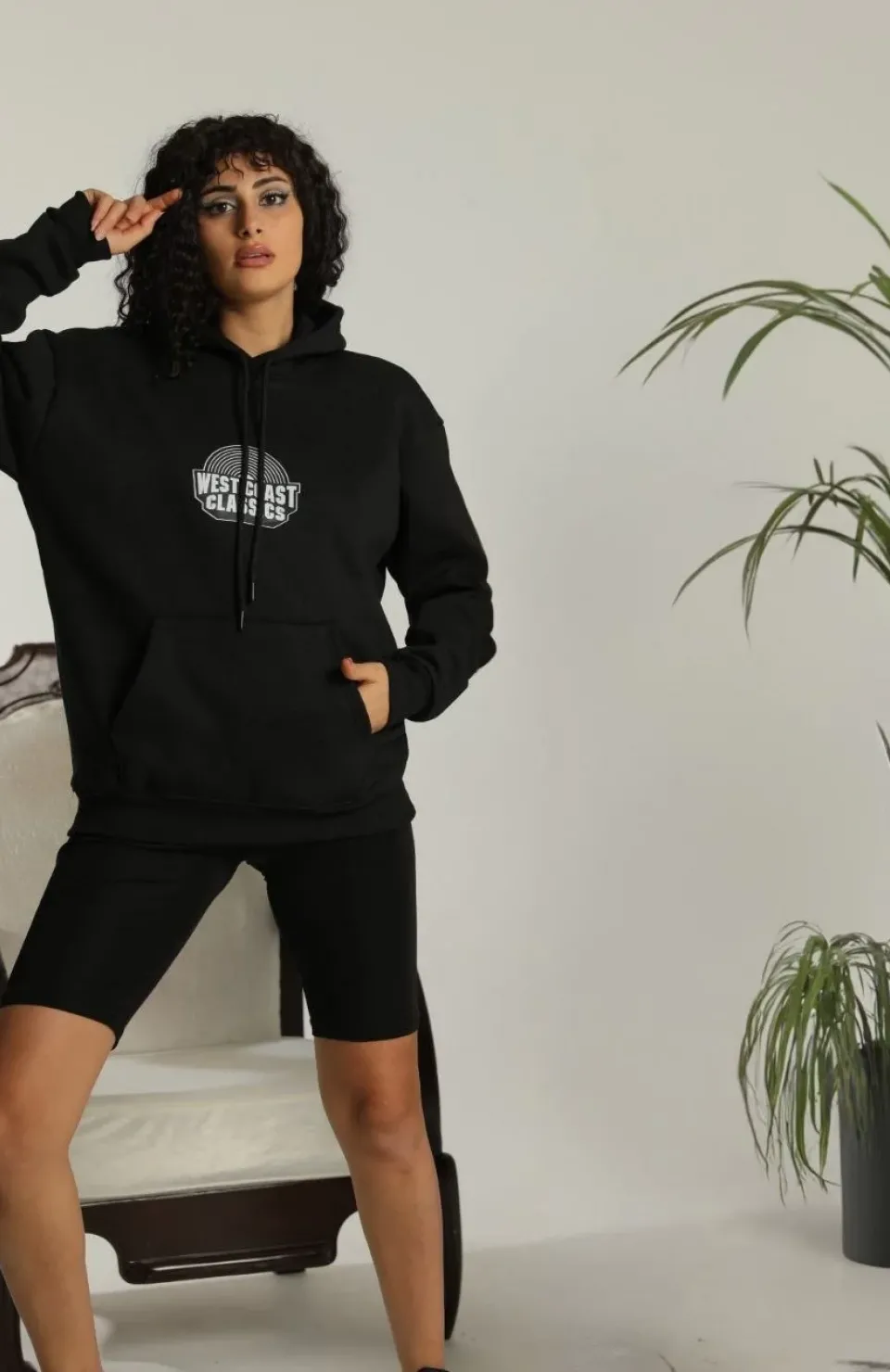 Unisex Sırt Baskılı Kapüşonlu Üç İplik Oversize Sweatshirt - Siyah