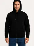Erkek Üç İplik Kapüşonlu Tam Fermuarlı Kanguru Çepli SweatShirt Hoodie - Siyah