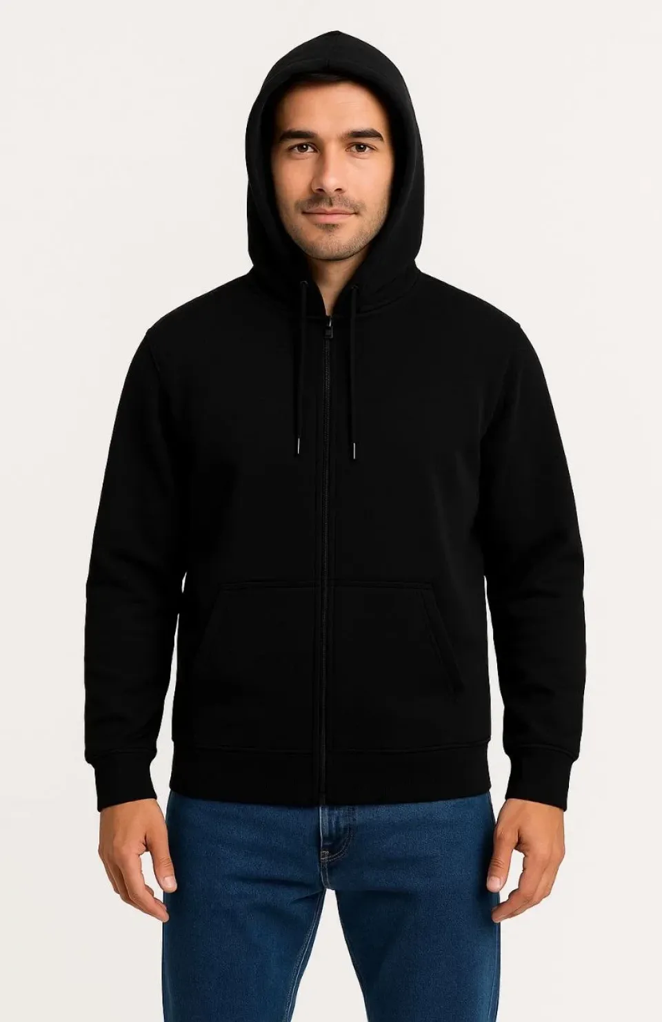 Erkek Üç İplik Kapüşonlu Tam Fermuarlı Kanguru Çepli SweatShirt Hoodie - Siyah