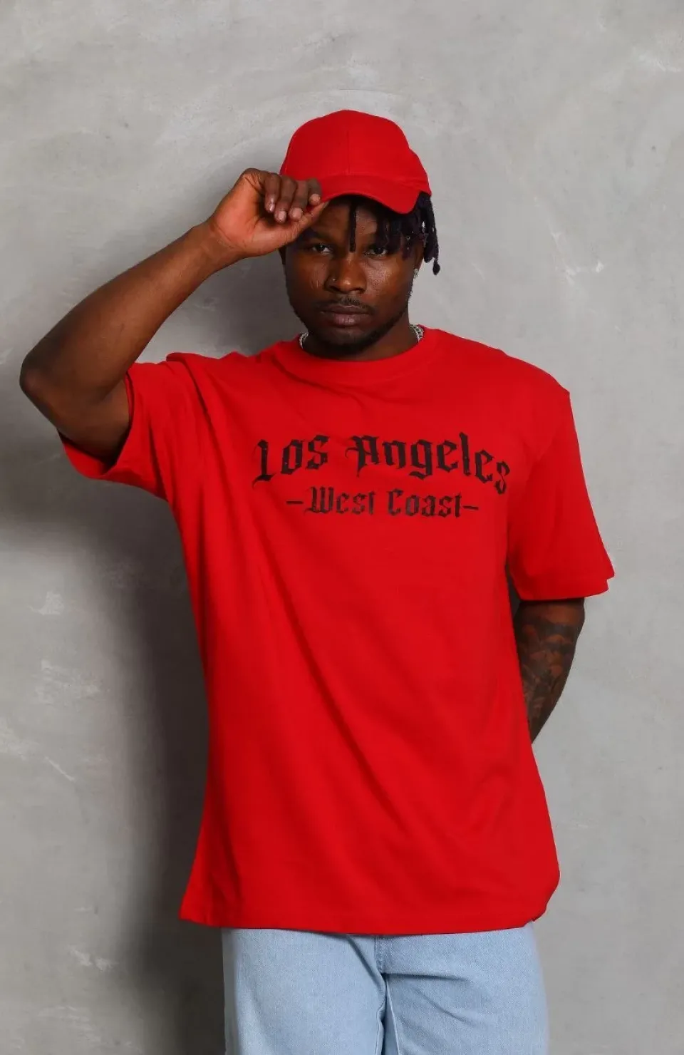 Unisex Oversize Baskılı Bisiklet Yaka T-Shirt - Kırmızı