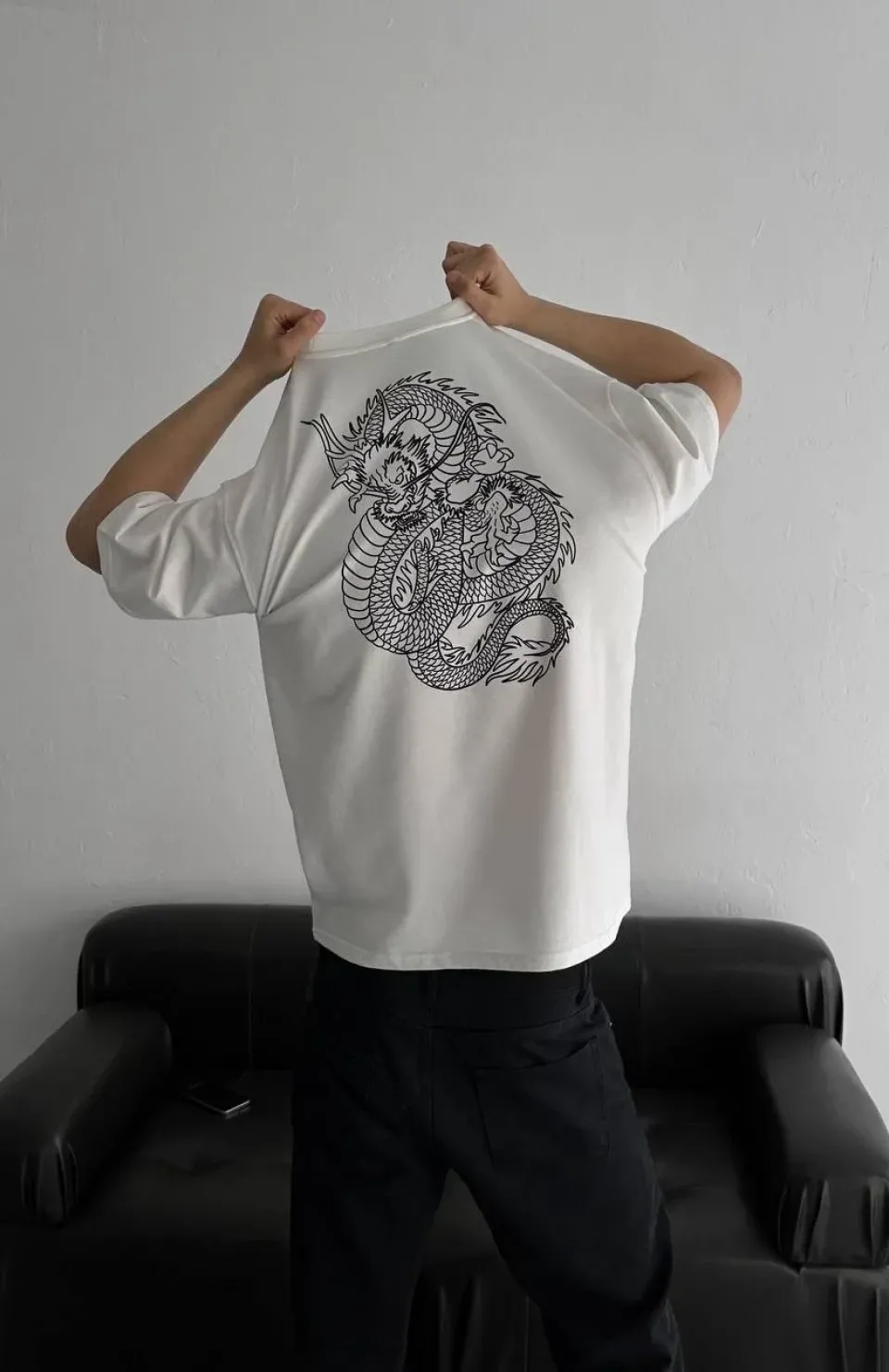 Baskılı Oversize Bisiklet Yaka T-shirt - Beyaz