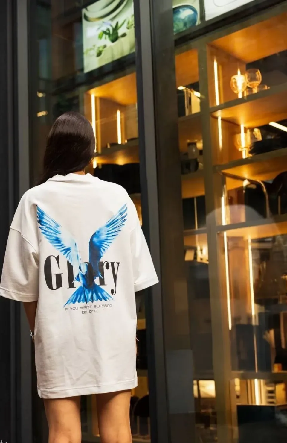 Unisex Bisiklet Yaka Baskılı Oversize T-Shirt - Beyaz